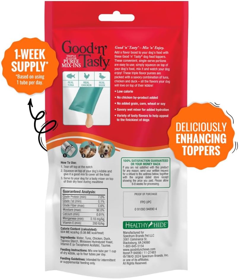 Good 'n' Tasty Triple Flavor Puree Mix-Ins Dog Food Topper Treats for All Dogs, 7 Count, Easy Single-Serve Portions, Added Protein with Tuna, Chicken and Duck