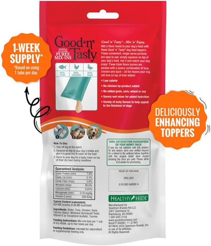 Good 'n' Tasty Triple Flavor Puree Mix-Ins Dog Food Topper Treats for All Dogs, 7 Count, Easy Single-Serve Portions, Added Protein with Tuna, Chicken and Duck