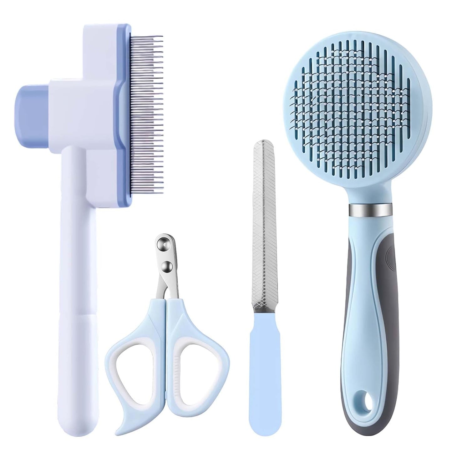 Cat Grooming Kit, 4-in-1 Cat Grooming Tools with Cats Brush, Flea Comb, Nail Clipper & Trimmer - Deshedding & Dematting for Pets Hair and Paws, Pet Shedding Set for Indoor Dogs & Cats (Blue)