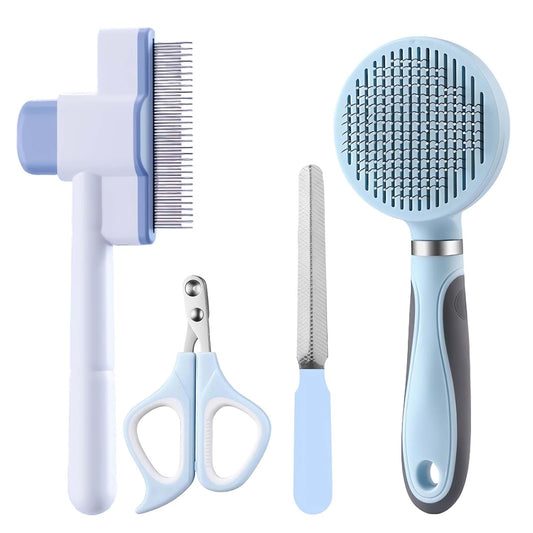 Cat Grooming Kit, 4-in-1 Cat Grooming Tools with Cats Brush, Flea Comb, Nail Clipper & Trimmer - Deshedding & Dematting for Pets Hair and Paws, Pet Shedding Set for Indoor Dogs & Cats (Blue)