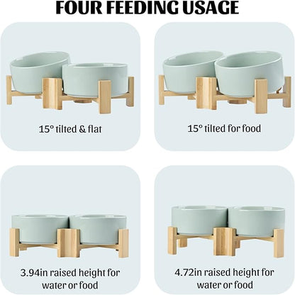 SPUNKYJUNKY 15° Slanted Ceramic Dog and Cat Bowl with Wooden Stand, Tilted Bulldog Food and Water Bowl No Slip Non-Spill for Cats Medium Dogs Big Face Pets 28.7 OZ (3.6 Cups, Morandi Green × 2)