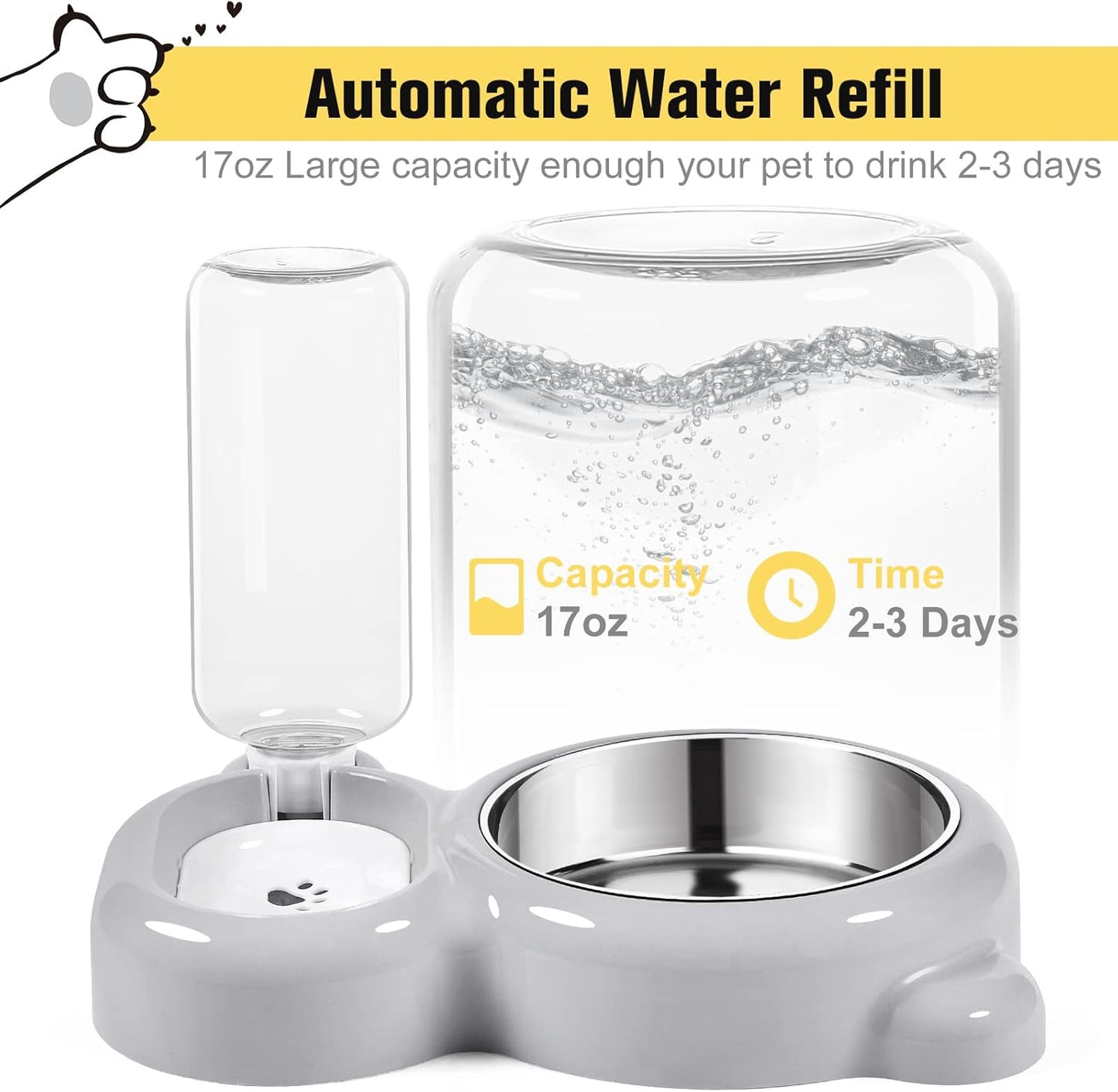 Dog Bowls, Cat Food and Water Bowl Set with Water Dispenser and Stainless Steel Bowl for Cats and Small Dogs - Grey