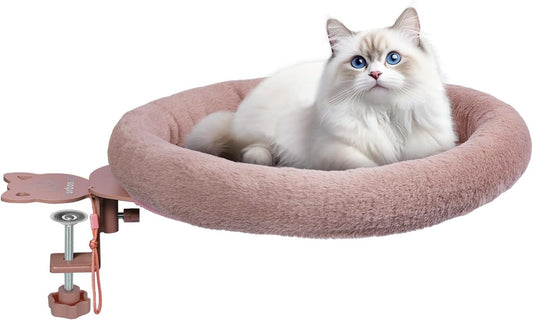 Rotating Cat Desk Bed - 40 LBS Chair-Side Cat Sleeping Basket with Bed for Desk, 360° Swivel & Removable Washable Cushion for Office Comfort(Brown