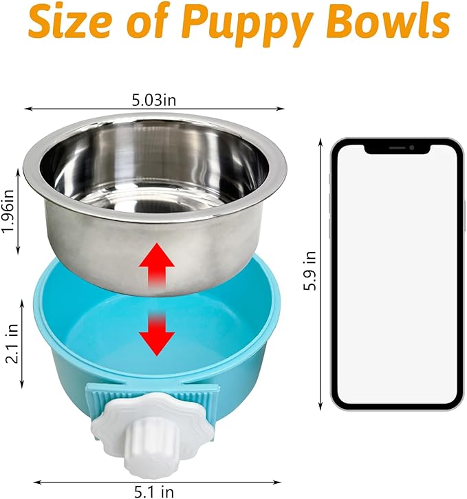 Hamiledyi Crate Dog Bowl Cat - Removable Stainless Steel Hanging No Spill Pet Bowl for Kennels Durable Detachable Design Fits Small Medium Dog Cages (2 Pcs, Blue