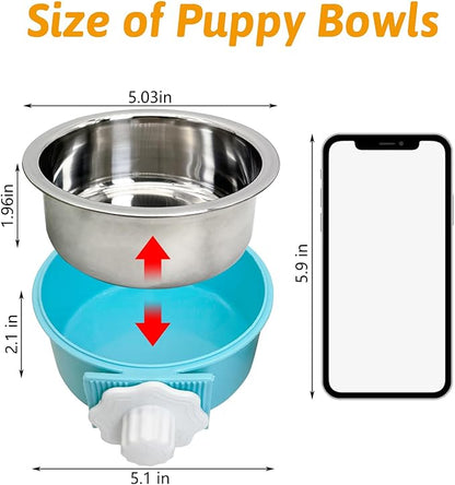 Hamiledyi Crate Dog Bowl Cat - Removable Stainless Steel Hanging No Spill Pet Bowl for Kennels Durable Detachable Design Fits Small Medium Dog Cages (2 Pcs, Blue