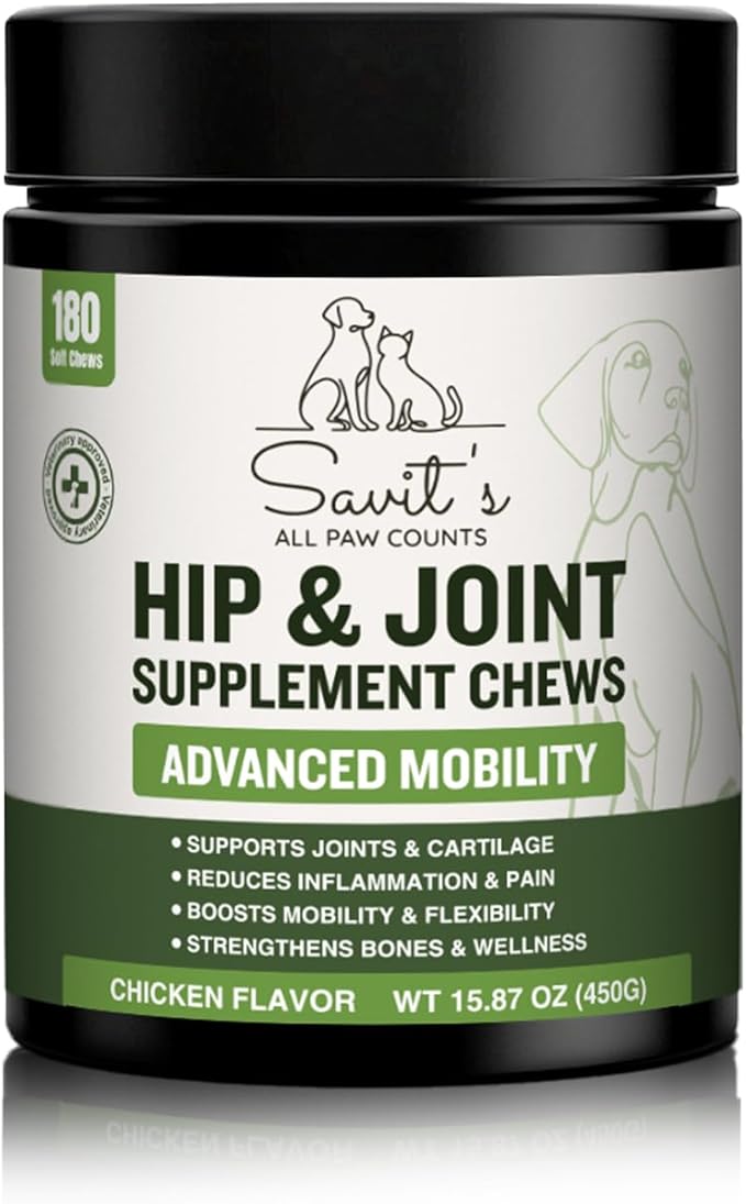 Savit's Dog Hip and Joint Supplement Chews - Dog Joint Supplement for Mobility - Canine Hip Support Pain Relief Supplements with Glucosamine, Turmeric, Chondroitin - Chicken Flavored - 180 Soft Chews