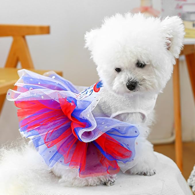 ANIAC 4th of July Girl Dog Dress with Stars Independence Puppy Clothes for Small Dog 1st Independent Day Cat Outfit Patriotic Pet Princess Tutu Skirt (Independence, Large)