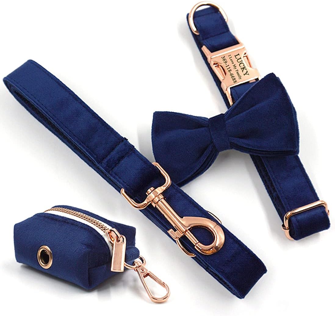 PETDURO Personalized Dog Collar Navy Blue Soft Velvet for Large Medium Small Boy Girl Dogs - Custom Collar with Name Phone Engraved on Rose Gold Metal Buckle - Add Matching Leash Set via Customize Now