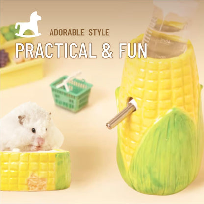 Corn Ceramic Hamster Water Bottle Stand with Food Bowl Hamster, Syrian, Gerbil, mice Water Bottles with Holder Water Feeder for Small Animals, Hamster Cage Accessories