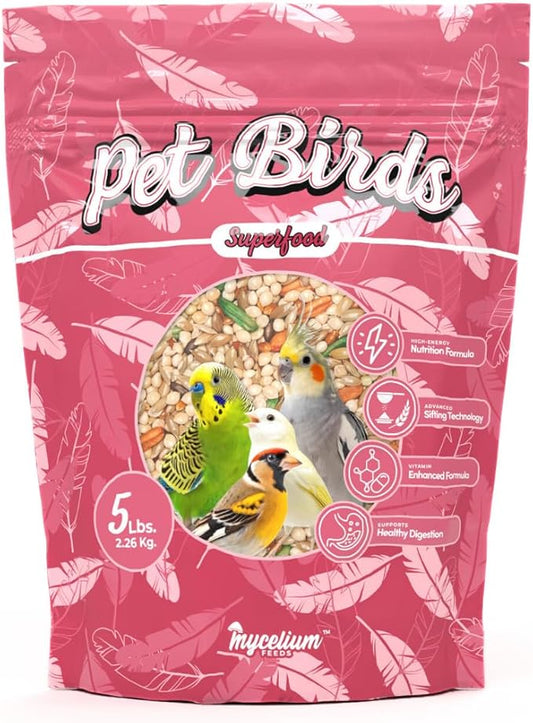 Mycelium Organic Pet Bird Superfood (5 LB Bag) | Vitamin-Enriched Bird Food for Parakeets, Finches, Canaries & Lovebirds | Daily Support for Energy, Digestion & Feather Health | Clean, USA-Grown Feed