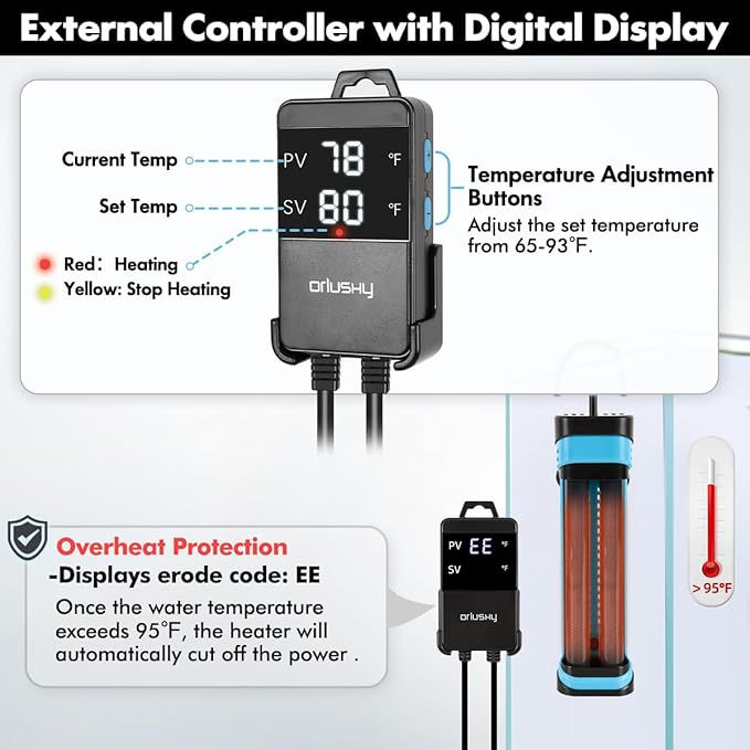Orlushy 800W Submersible Aquarium Heater, Adjustable Fish Tank Heater with Digital Display External Controller, Overheat Protection and Free Thermometer for 80-175 Gallon Freshwater and Saltwater Tank