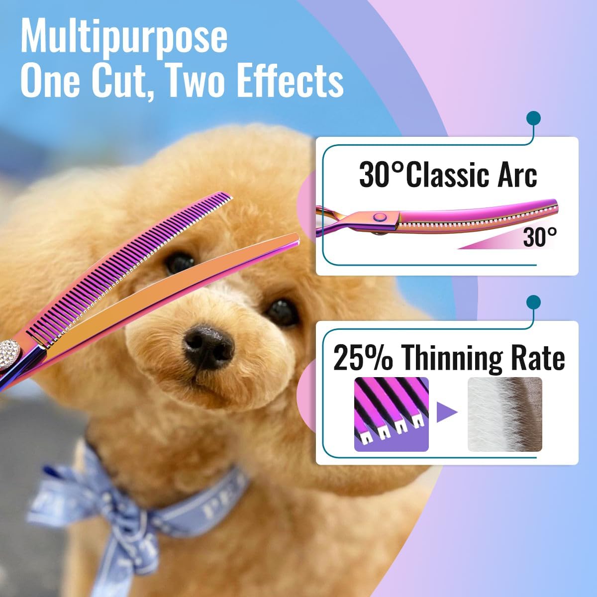 Professional Curved Thinning Shears Dog Grooming Scissors 7.5'' Rainbow Curved Thinner Scissors for Grooming Large Dogs Pet 56 Teeth Japan 440C(Curved Thinner,Rose Red)