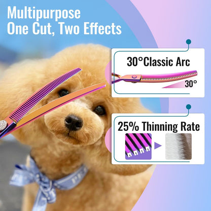 Professional Curved Thinning Shears Dog Grooming Scissors 7.5'' Rainbow Curved Thinner Scissors for Grooming Large Dogs Pet 56 Teeth Japan 440C(Curved Thinner,Rose Red)