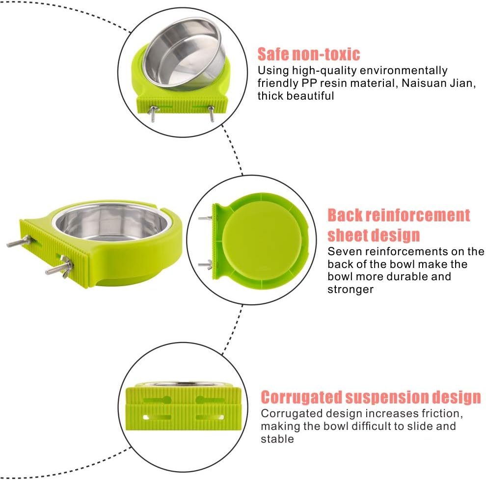 Crate Dog Bowl Removable Stainless Steel Water Food Feeder Bowls Cage Coop Cup for Cat Puppy Bird Pets (Small, Green with Corrugated Clip)