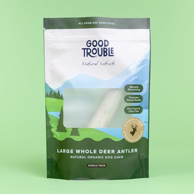 Good Trouble Premium Deer Antlers for Large Dogs – 1 Whole Antler Pets - North American Sourced Deer Antlers for Dental Health & Anxiety Relief - Odor-Free & Non-Toxic Chew Bone for Dogs
