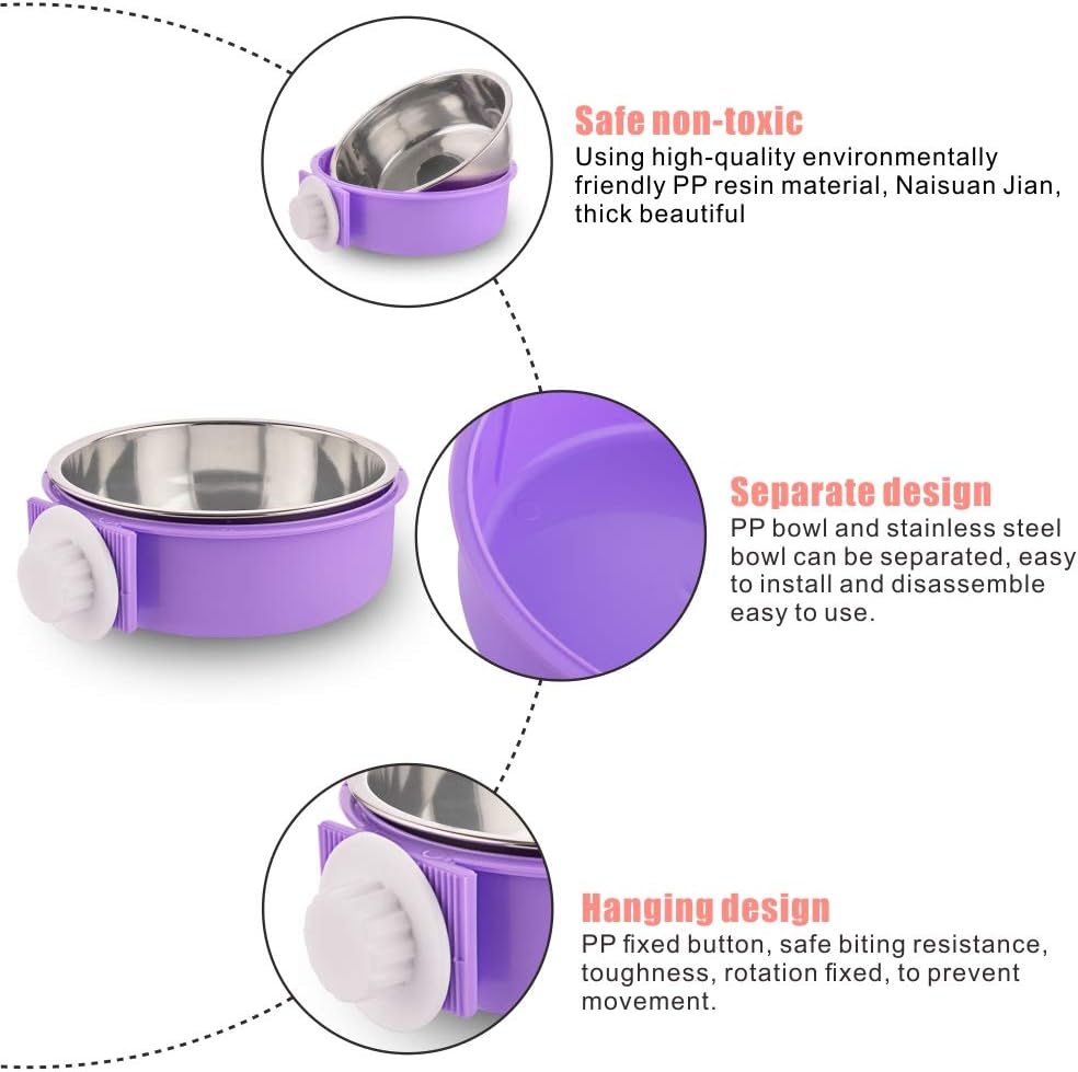 Crate Dog Bowl Removable Stainless Steel Water Food Feeder Bowls Cage Coop Cup for Cat Puppy Bird Pets (Large, Purple)