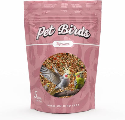 Mycelium Pet Bird Cuisine | Organic Bird Seed for Parakeets, Lovebirds & Small Pet Birds | Vitamin-Enriched Mix with Egg, Millet, Quinoa, Kelp, Oyster Shell | Supports Digestion & Immunity | 5 lb Bag