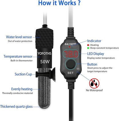 Adjustable Mini Aquarium Heater 5-10 Gallons Submersible Small Fish Tank Heater 50W Digital Display Thermostat External Temperature Controller (50W)