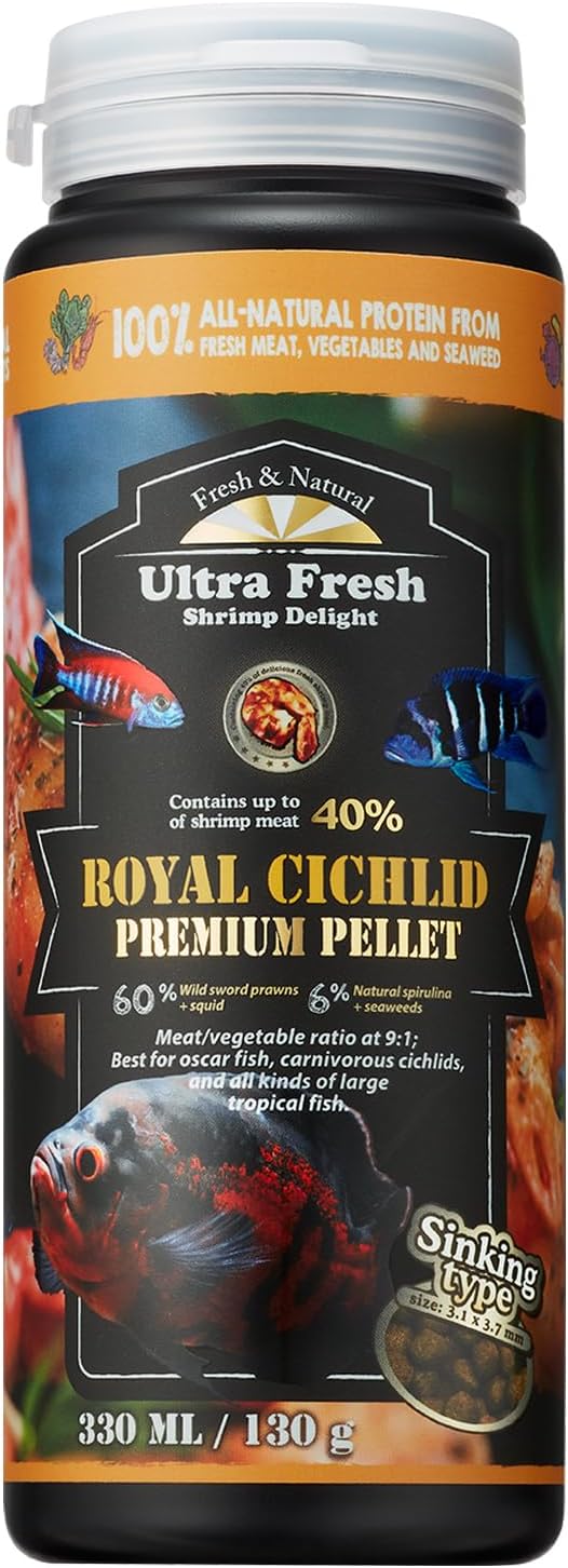 Ultra Fresh Cichlid Sinking Fish Food, Wild Sword Prawns, All Natural Ingredients, Carnivore Pellets for Large Cichlid and Tropical Fish, Royal Cichlid Premium Pellet 4.58 oz
