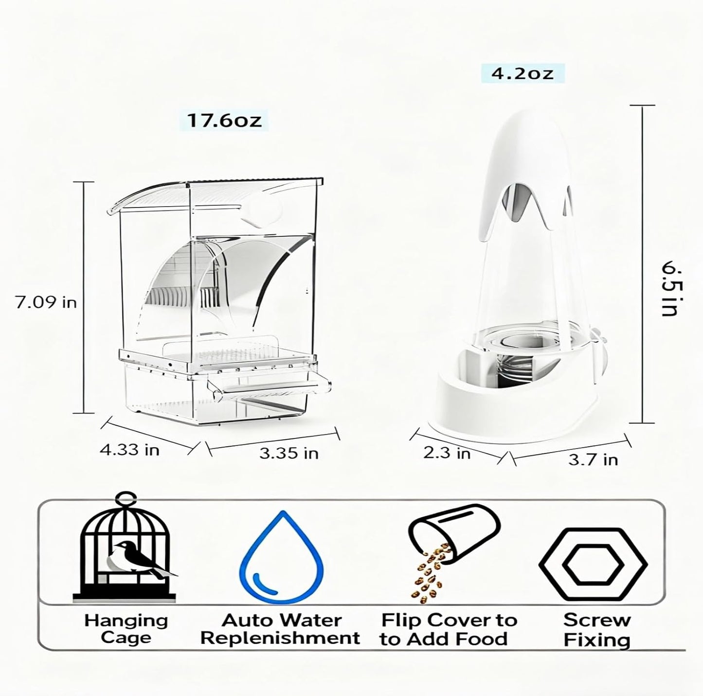 Automatic No Mess Bird Feeder and Water Dispenser Set, Acrylic Food Container and Drinker Bowl for Parrot Cage, Easy Clean Accessories for Parakeets Cockatiels Lovebirds and Other Small Pets