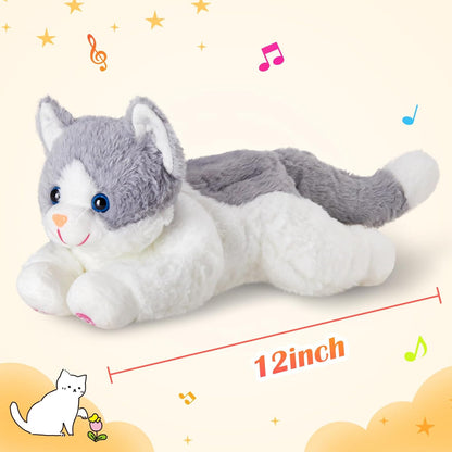 Houwsbaby 15" Gray LED Musical Cat Stuffed Animal Floppy Singing Kitty Light Up Plush Toy Kitten Lullaby Animated Soothe Birthday Festival for Kids Toddlers Girls Boys