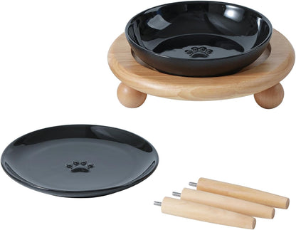 Raised Ceramic Wide Whisker Friendly Cat Dishes, Food&Water Bowl with 2 Style Stand Adjustable Pet Bowl Set(1Dish+1Shallow Dish+Stand, Black