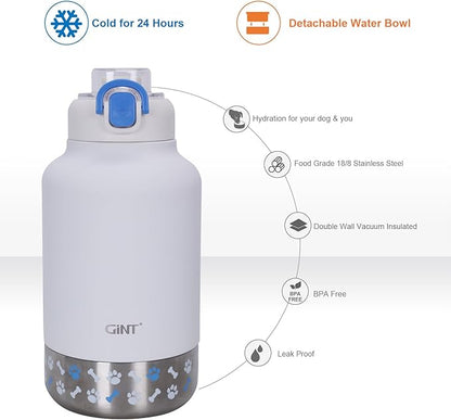 GiNT 37oz Insulated Stainless Steel Dog & Human Water Bottle, All-in-1 Travel Dispenser with Detachable Bowls & Carrying Case, Leak-Proof Pet Canteen for Walking, Hiking, Camping, Car (White)