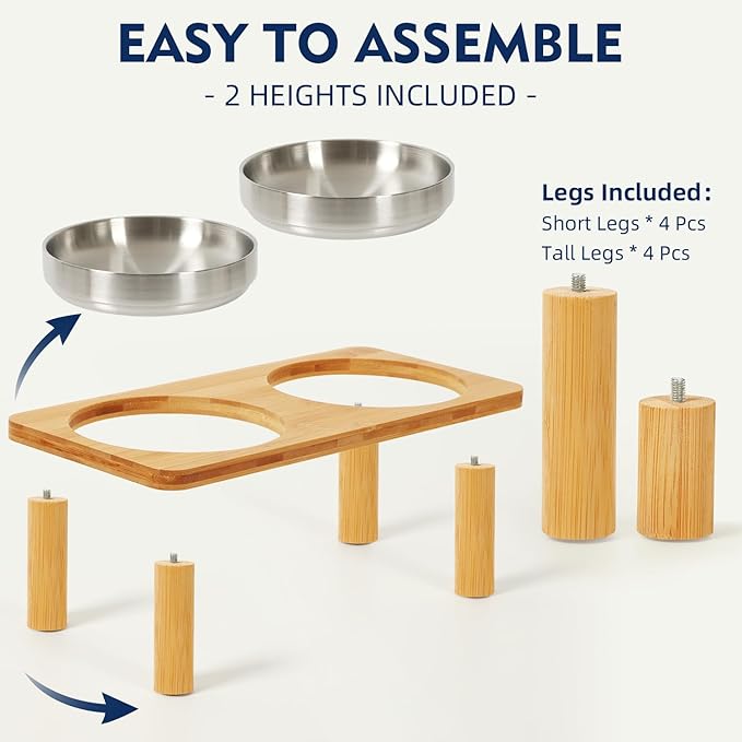 Elevated Cat Bowls for Indoor Cats – Raised Bamboo Cat Food Table with 2 Stainless Steel Dishes, Adjustable Height (4.25"/3.07"), Set of 1