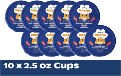 Made by Nacho Wet Cat Food, Minced Tuna and Cod in Bone Broth for Hydration with Prebiotics, High Protein, 2.5oz Cups (10 Pack)