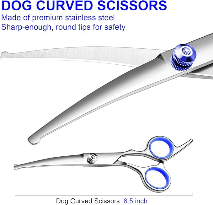 Professional Dog Grooming Scissors Kit, Titanium Coated Dog Scissors for Grooming, Grooming Shears Kit - Thinning, Curved Scissors and Comb for Dog Cat Pet (Blue 4 in 1)