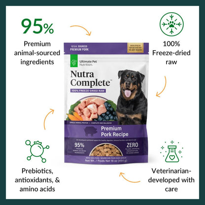 ULTIMATE PET NUTRITION Nutra Complete, 100% Freeze Dried Veterinarian Formulated Raw Dog Food with Antioxidants Prebiotics and Amino Acids, (1 Pound, Pork)