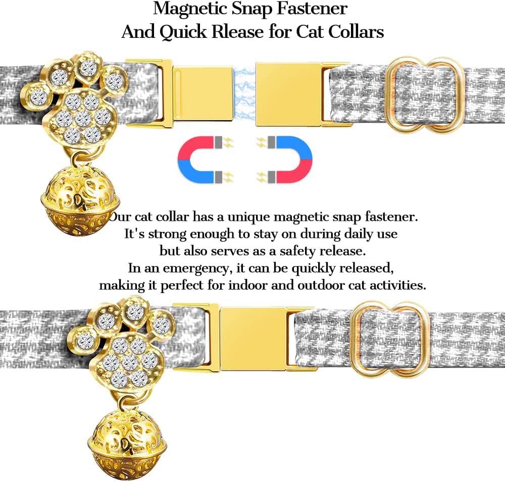 Personalized Breakaway Cat Collars - Magnetic Buckle, Bell - Safety Quick Release, Customized for Girls & Boys Cats- (Houndstooth-Grey)