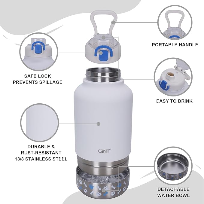 GiNT 37oz Insulated Stainless Steel Dog & Human Water Bottle, All-in-1 Travel Dispenser with Detachable Bowls & Carrying Case, Leak-Proof Pet Canteen for Walking, Hiking, Camping, Car (White)