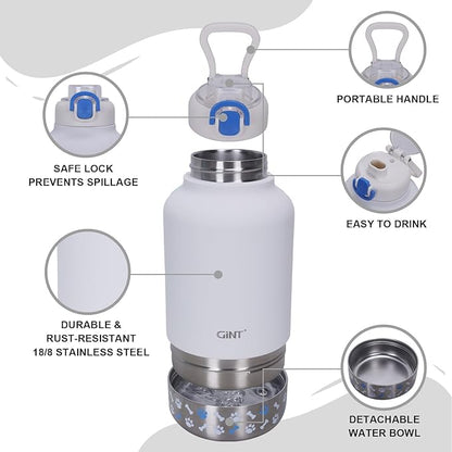 GiNT 37oz Insulated Stainless Steel Dog & Human Water Bottle, All-in-1 Travel Dispenser with Detachable Bowls & Carrying Case, Leak-Proof Pet Canteen for Walking, Hiking, Camping, Car (White)
