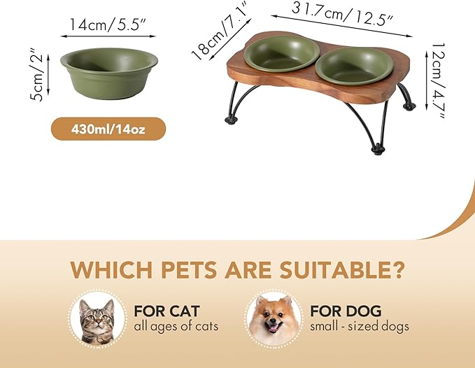 Ceramic 5.5-inch Raised Double-Bowl Set with Non-Slip Stand, Food & Water Dishes for Puppies and Cats, Wide Opening with Rounded Edges(Olive Green)