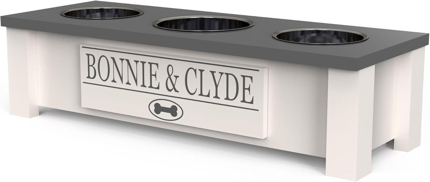 GrooveThis Woodshop - Personalized Elevated Triple Dog Bowl Stand for Large, Medium, Small, X-Small Dogs - 3 Stainless Steel Food and Water Bowls - Raised Dog Dish with Internal Storage (Small, Grey)