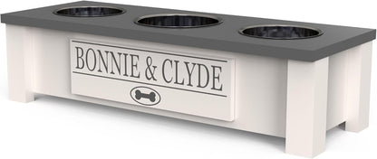 GrooveThis Woodshop - Personalized Elevated Triple Dog Bowl Stand for Large, Medium, Small, X-Small Dogs - 3 Stainless Steel Food and Water Bowls - Raised Dog Dish with Internal Storage (Small, Grey)
