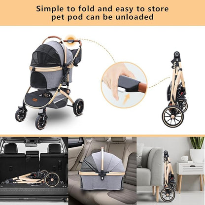 Pettingzoo Dog stroller with 4 Wheels, Folding Cat Stroller for Small/Medium/Large dogs & cats to 60 lbs, pet stroller with removable carrier, Storage BasketCup Holder,3 in1 Multifunctional Detachable