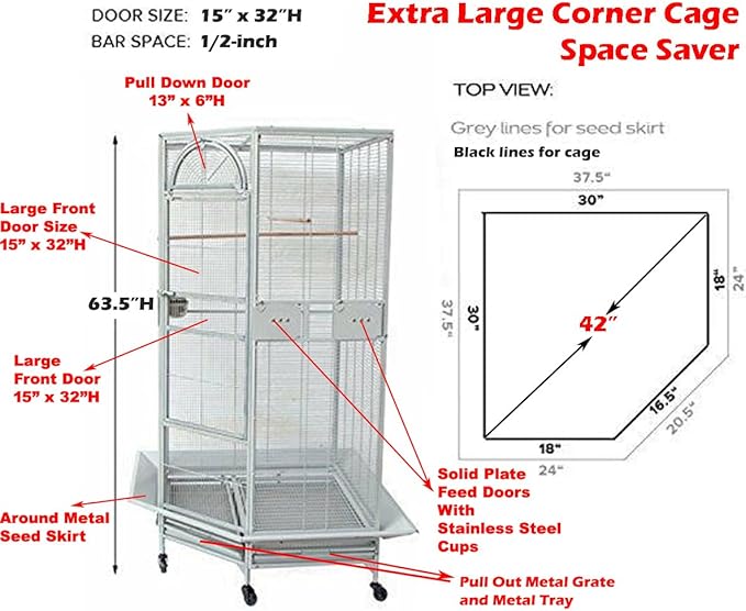64" Extra Large Corner Flight Bird Parrot Cage for Cockatiel Parakeet Budgies Parrot with Around Metal Seed Skirts, Tight 1/2-Inch Bar Spacing (WhiteVein)