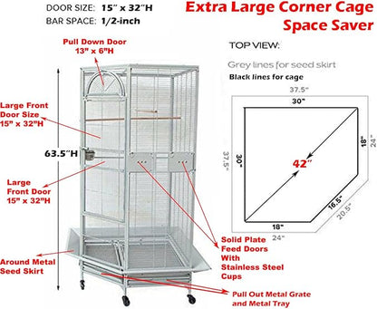 64" Extra Large Corner Flight Bird Parrot Cage for Cockatiel Parakeet Budgies Parrot with Around Metal Seed Skirts, Tight 1/2-Inch Bar Spacing (WhiteVein)