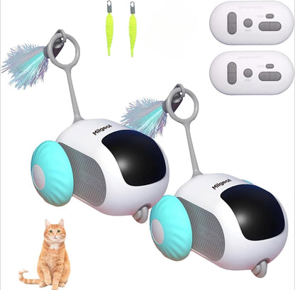 Turbo Tail 3.0 Interactive Cat Toy - Smart Remote Control Electric Mouse with Feathers, 3 Play Modes (Smart/Manual/Standby), Auto Obstacle Avoidance, Type-C, 8H Playtime - Blue (2PCS)