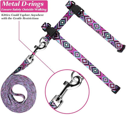 Cat Harness and Leash Set Geometric Pattern Escape Proof Adjustable for Kitty Outdoor Walking(Purple)