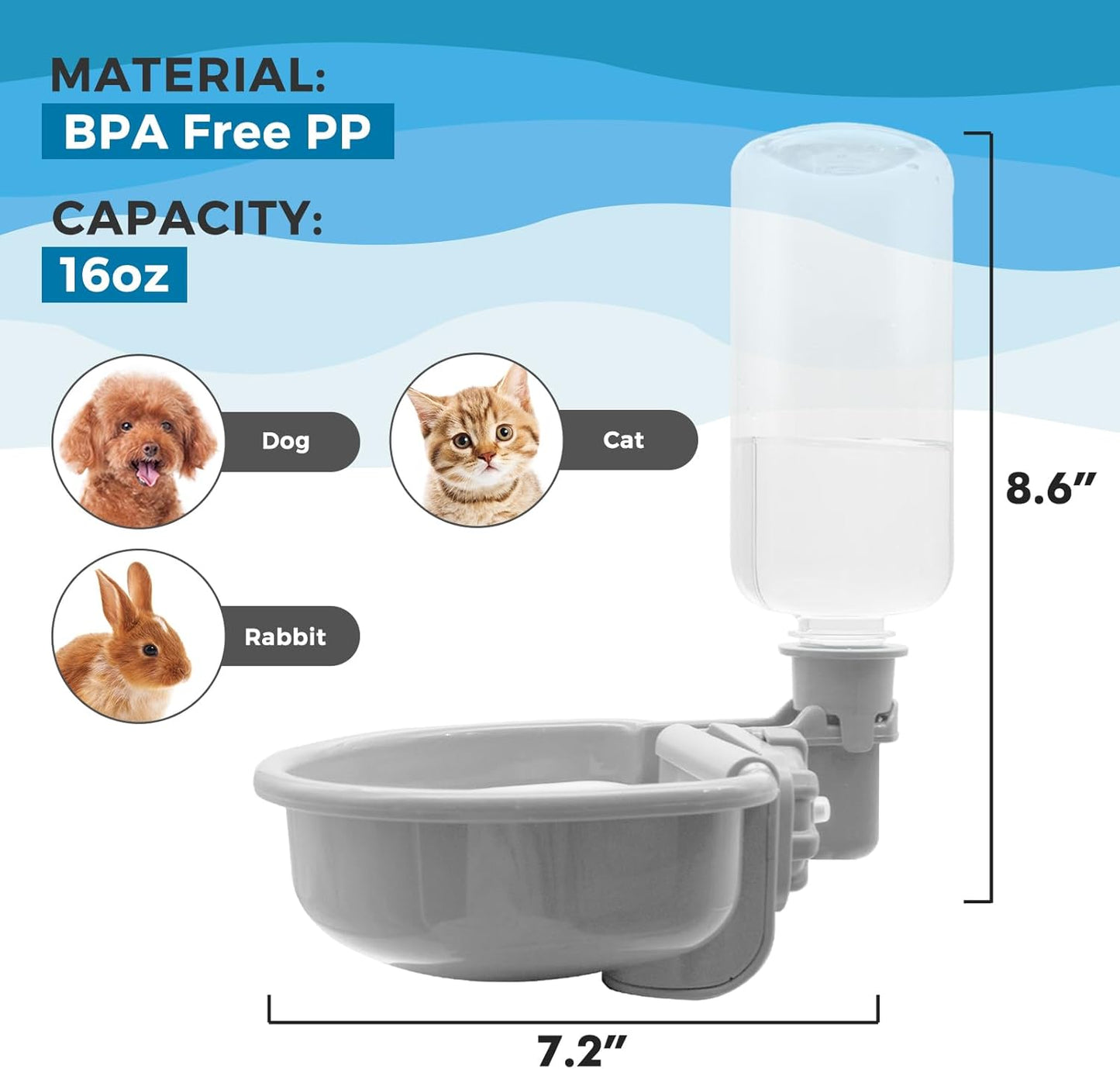 VANNON 16oz Pet Water Bottle, Gravity Dog Water Bowl Dispenser for Cage, Anti-Overflow Water Dispenser for Small Dogs, Cats, Rabbits and Other Small Animals, BPA Free, Grey