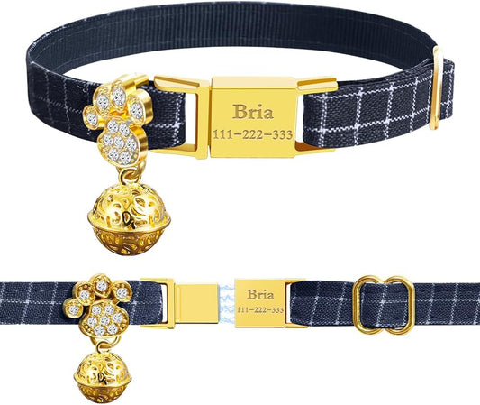 Personalized Breakaway Cat Collars - Magnetic Buckle, Bell - Safety Quick Release, Customized for Girls & Boys Cats- (Checkered-Navy)