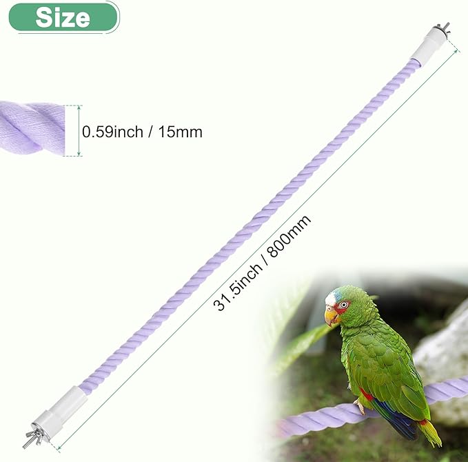 1-Pack Rope Perches for Bird Cages, 31.5 in Length Comfort Grip Flexible Rope Perch Beak & Paw Grinding for Parrots/Cockatiels/Parakeets, Bird Platform Sand [Purple]