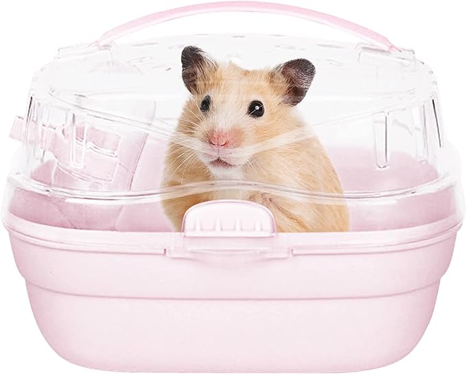 KAMEIOU Pink Travel Portable Small Animals Hamster Hedgehog Guinea Pig Carrier Cage for Hamsters Hedgehogs Ferret Guinea Pig Carrier Cage with Handle Breathable Transparent Lid Small Animal Carriers