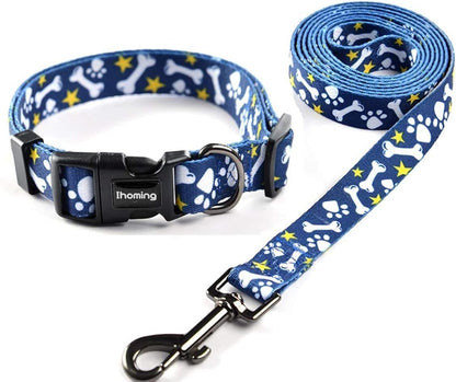 Ihoming Dog Collar and Leash Set for Daily Outdoor Walking Running Training, Bone Design for Medium Boys Girls Dogs Cats Pets, M-Up to 45LBS