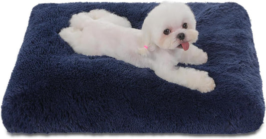 Bedfolks Waterproof Dog Crate Pad, Plush Dog Kennel Bed with Removable Cover, Faux Fur, Washable, 21"x13", Dark Blue