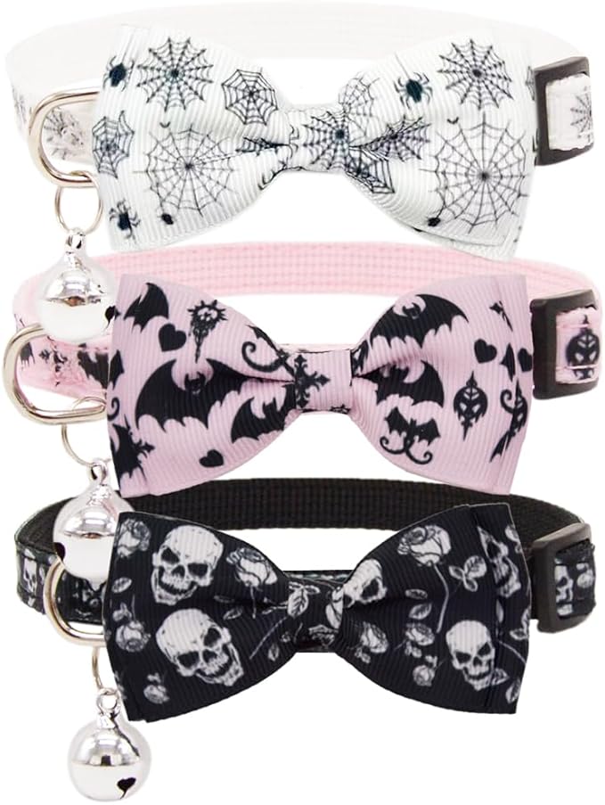 3 Pack Halloween Cat Collar with Detachable Bow Tie & Bell - Breakaway Adjustable Kitten Collars with Skull Gothic Bat Spider Web Pattern for Indoor Outdoor Cats (White, Pink, Black)