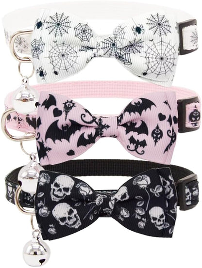 3 Pack Halloween Cat Collar with Detachable Bow Tie & Bell - Breakaway Adjustable Kitten Collars with Skull Gothic Bat Spider Web Pattern for Indoor Outdoor Cats (White, Pink, Black)